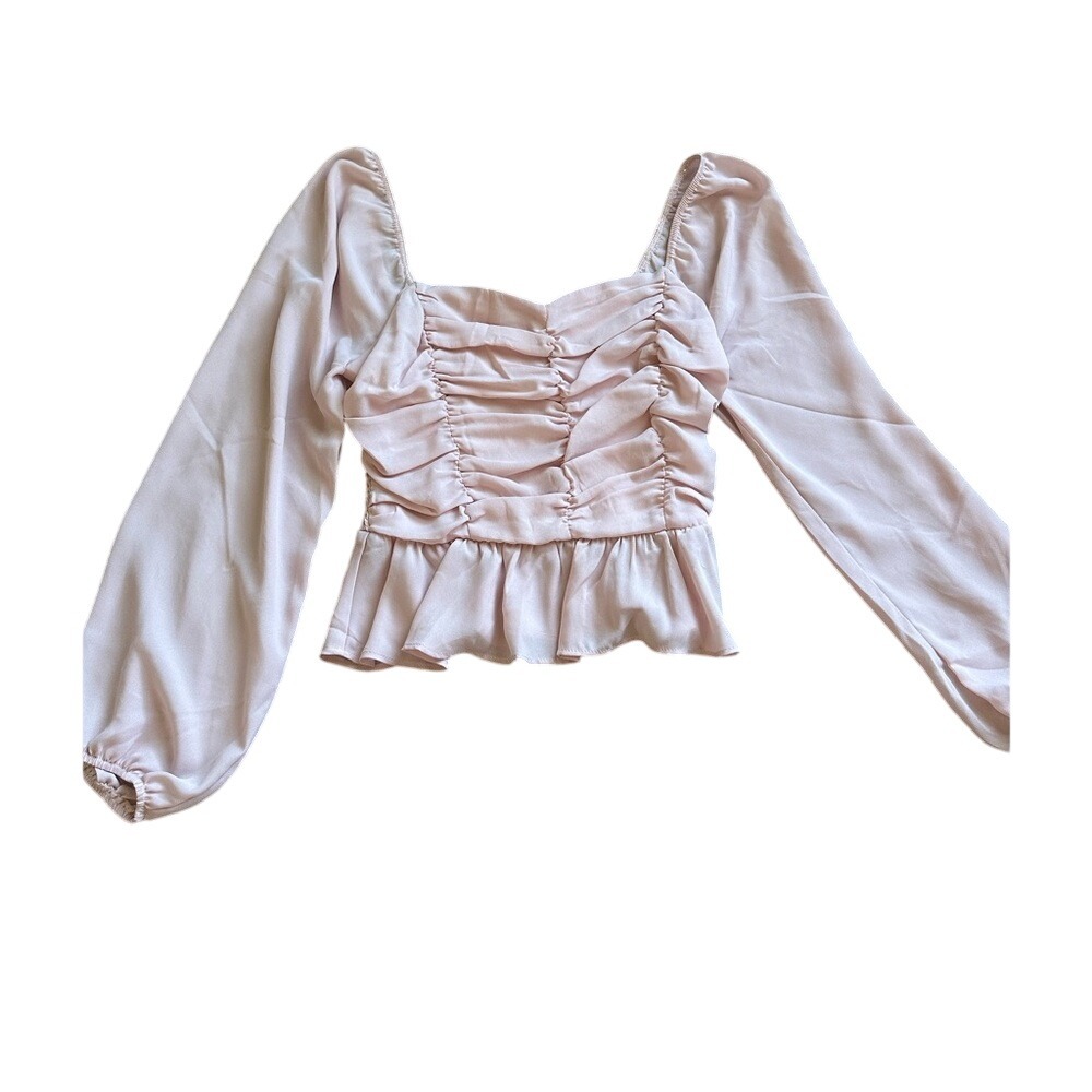 Ruched Long Sleeve Top Square Neck Blouse Peplum Hem Party‎ Elegant